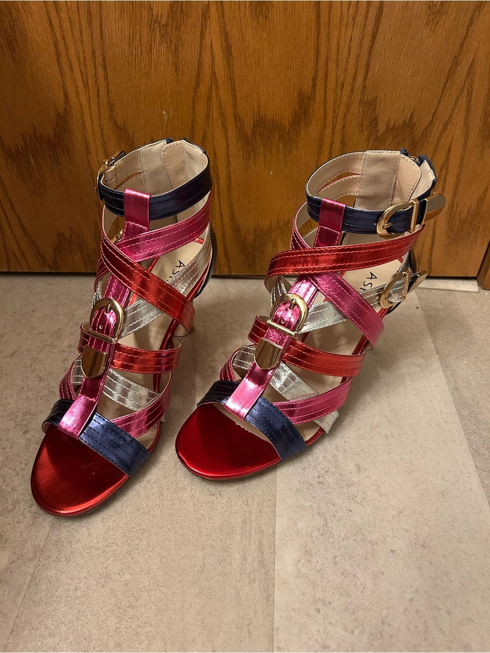 Ashro Multicolor Strappy Heeled Sandals - Red, Pink, Navy & Silver - Picture 3 of 6